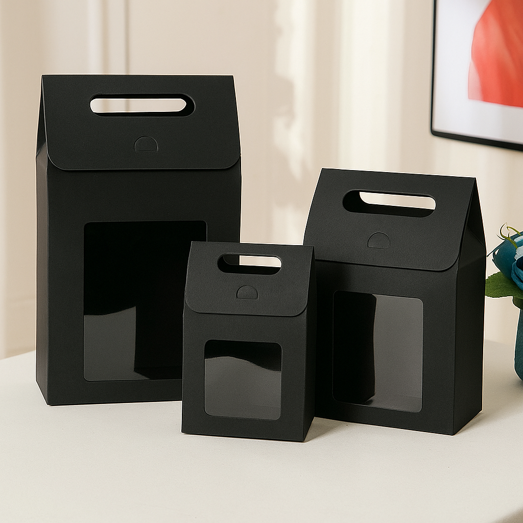 Caja estilo lonchera de papel kraft con ventanilla y asa