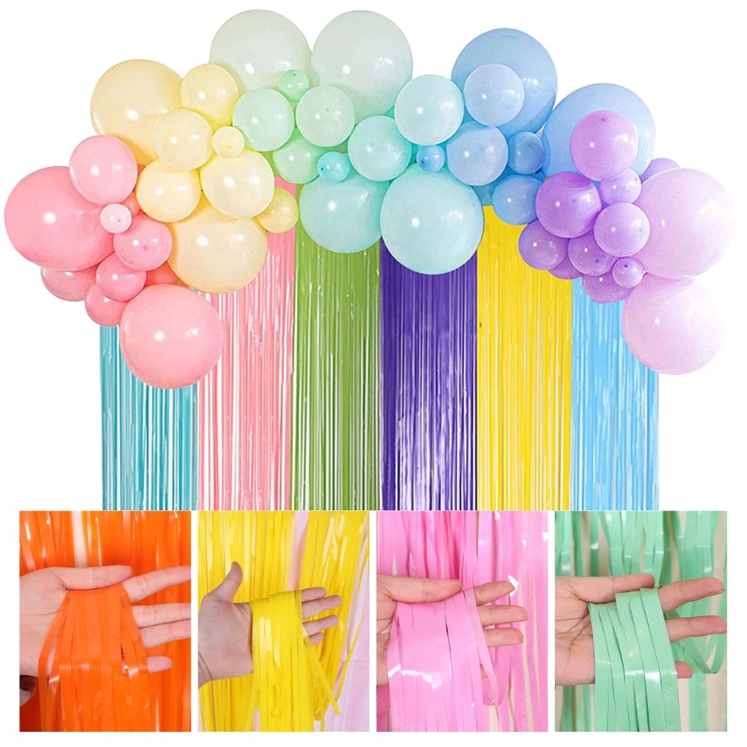 Cortina de flecos en variación de tonos pasteles color mate de 3.2 x 6.6 pies para decoración. Foil Fringe Curtain