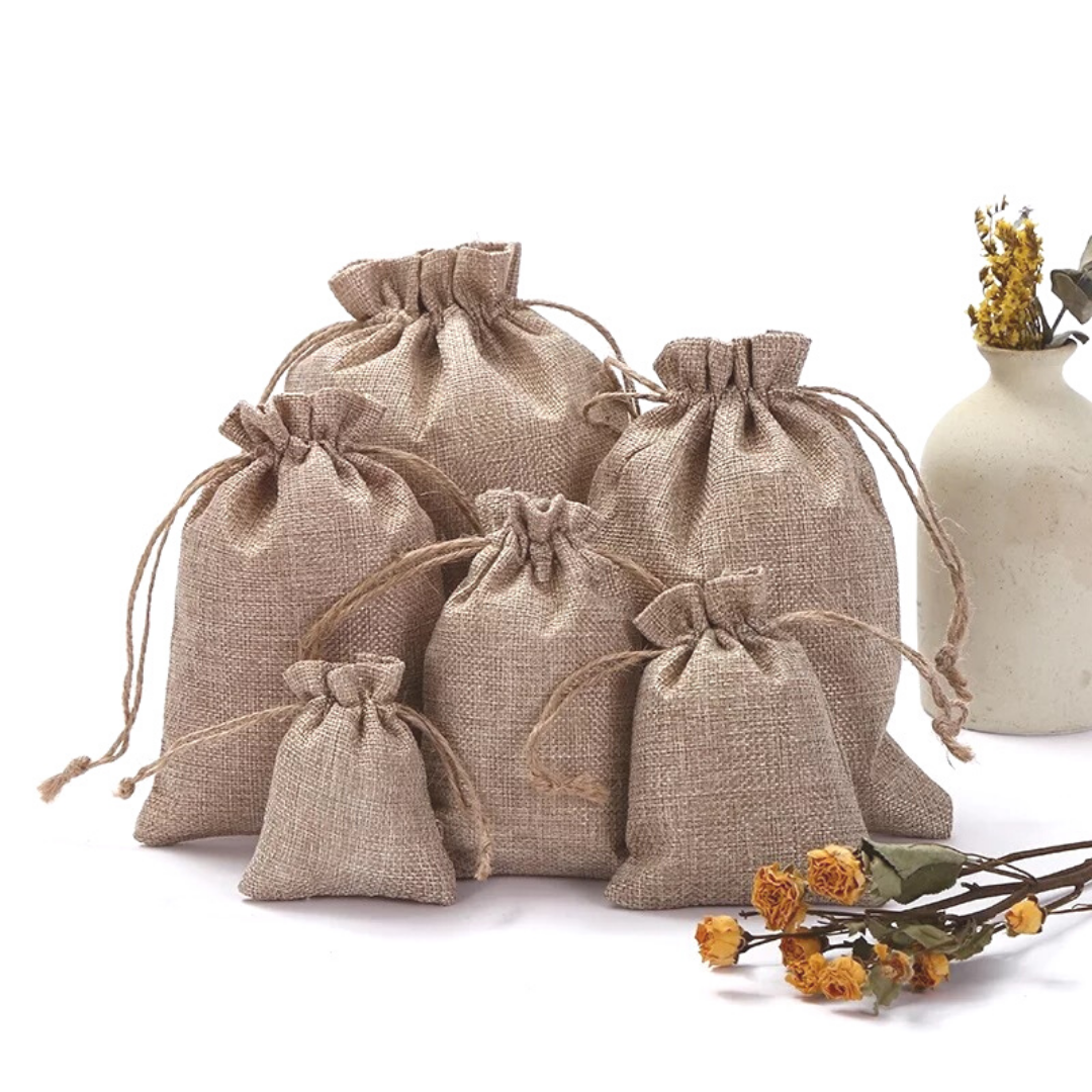 Bolsas de arpillera/henequen con cordón toque rústico y natural