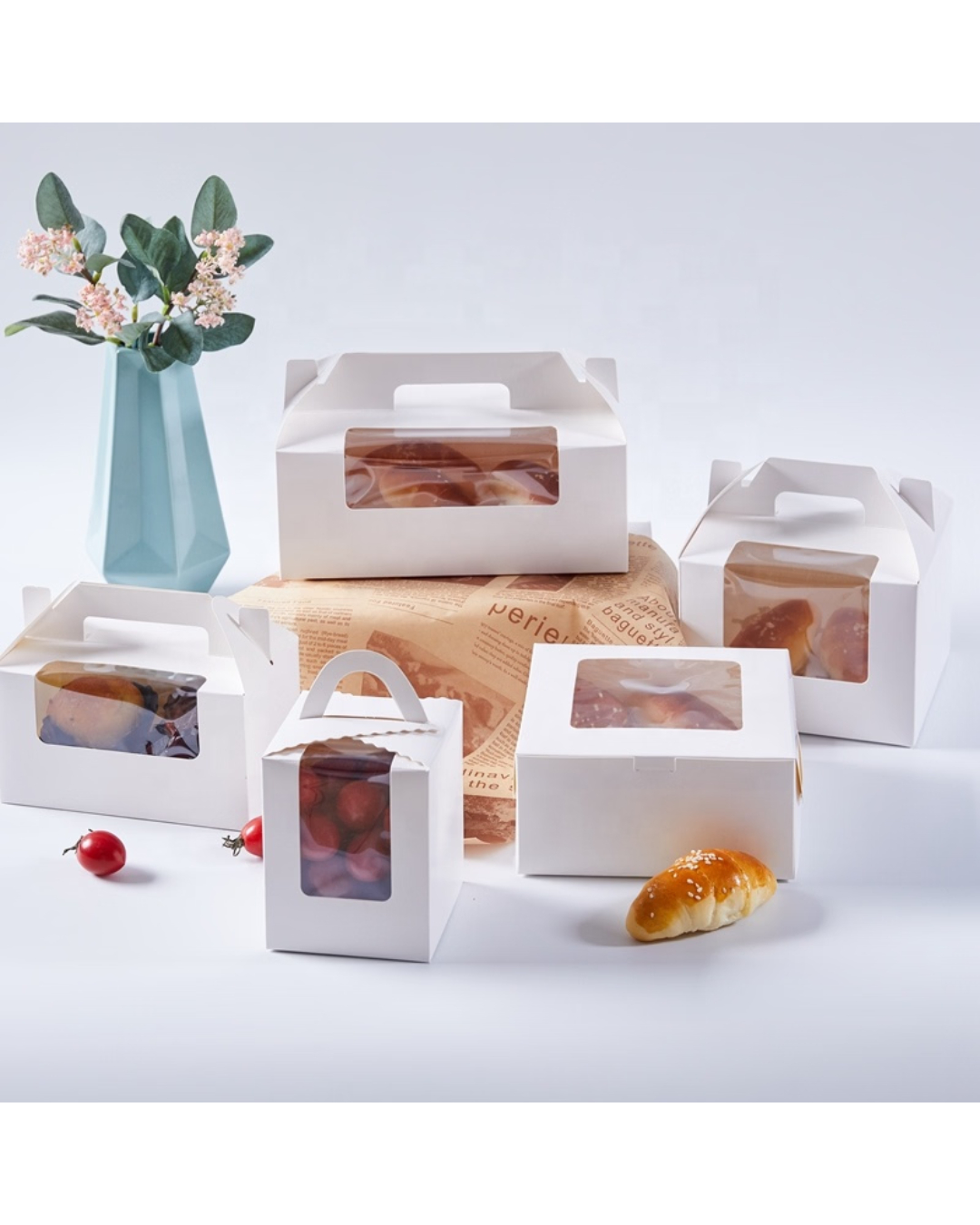 Mini caja blanca con agarradero y base para cupcakes