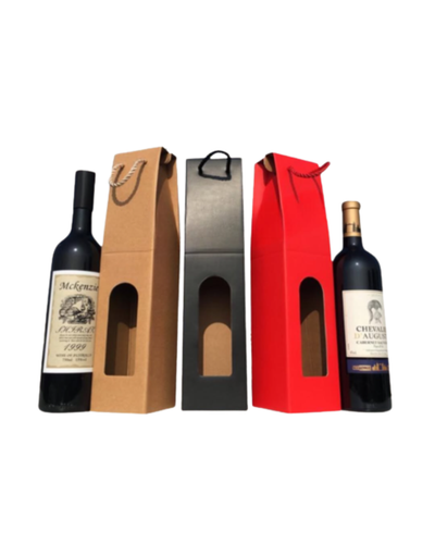 Caja de cartón corrugado en colores con asa de cordón para botellas de vino