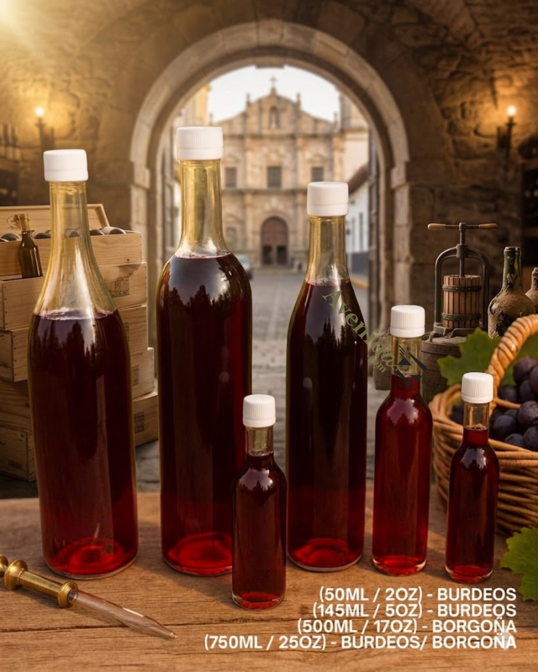 Botella de forma Burdeos y de Borgoña de vidrio transparente con tapa