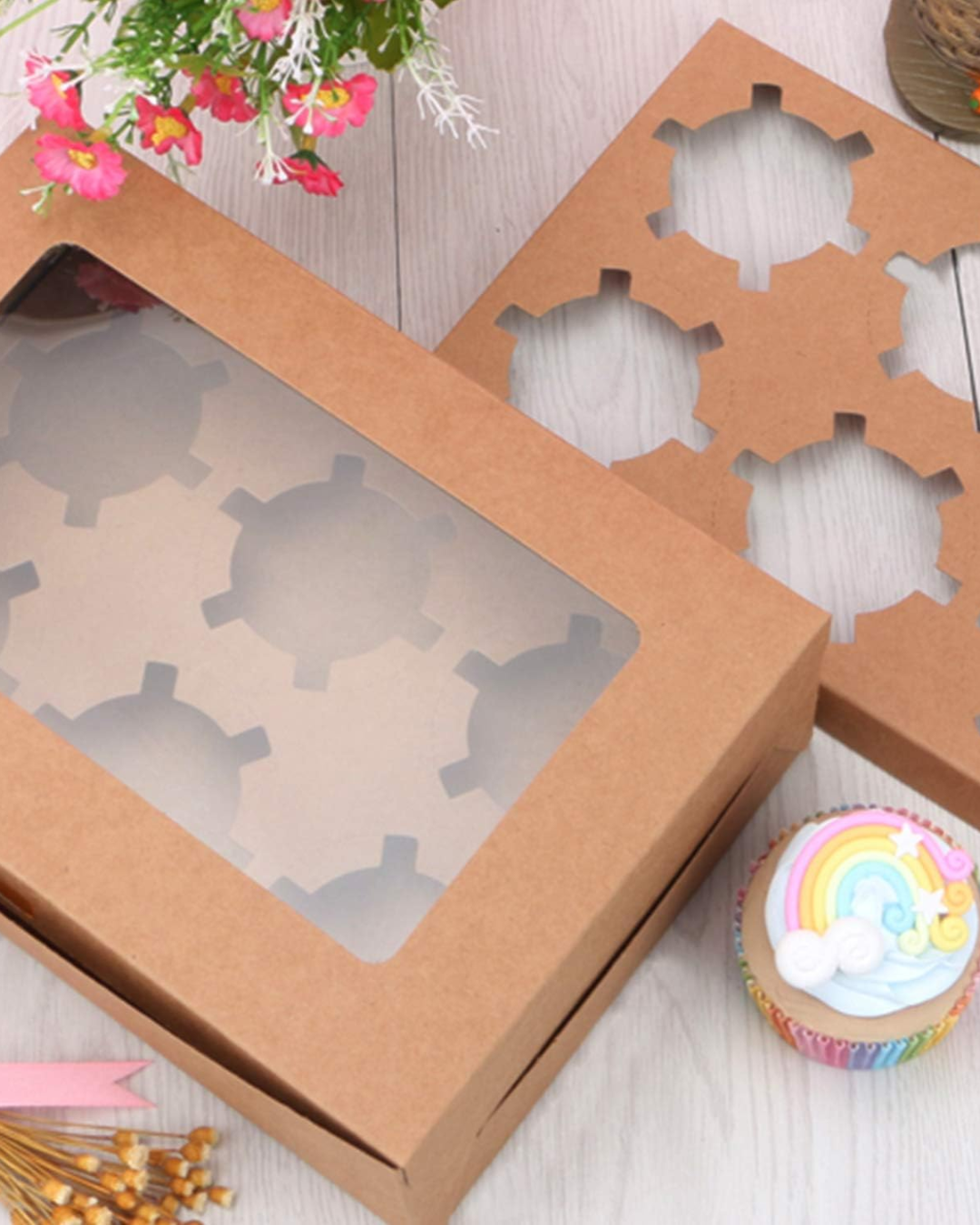 Caja de papel cartulina kraft para cupcake con ventanilla