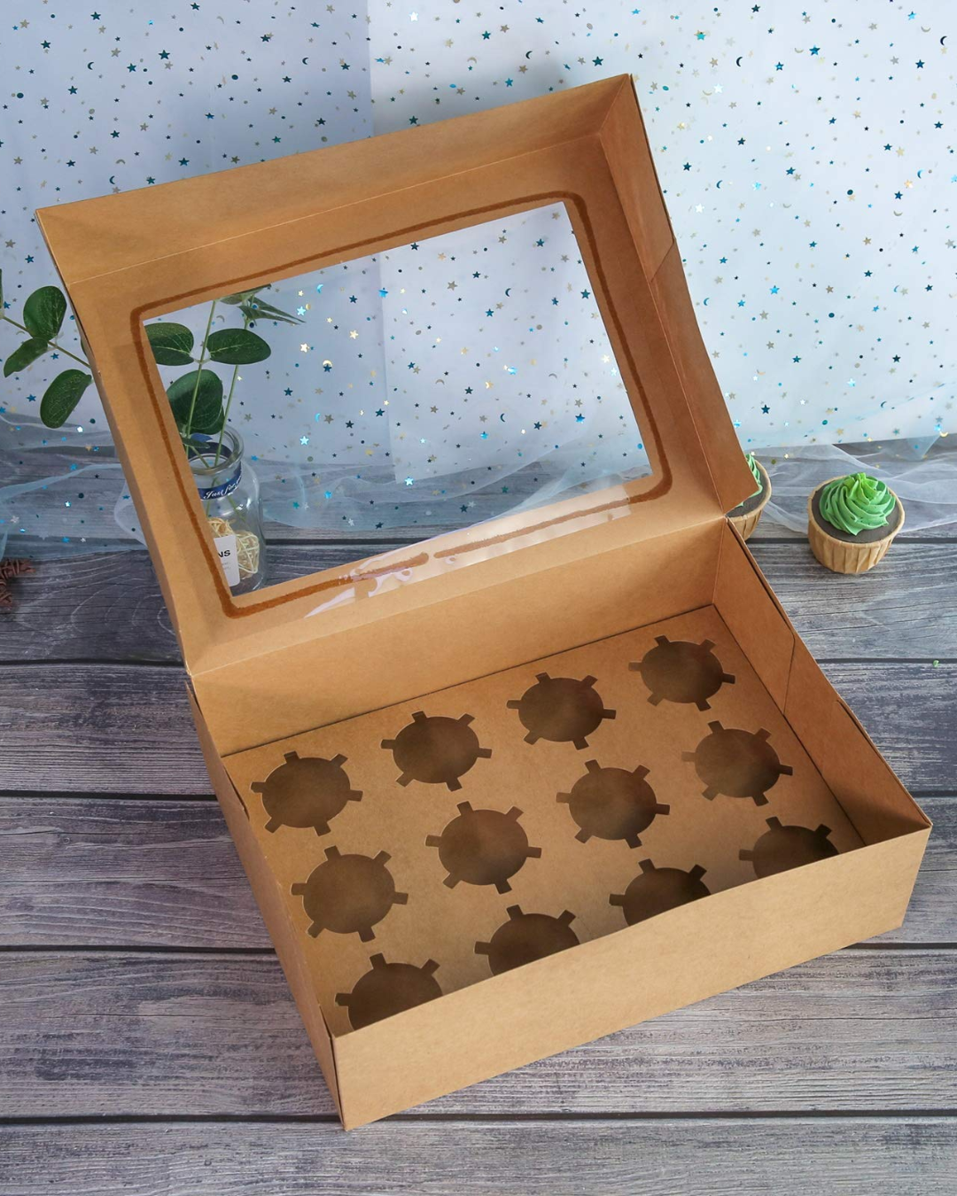 Caja de Papel Cartulina Kraft para Cupcake con Ventanilla
