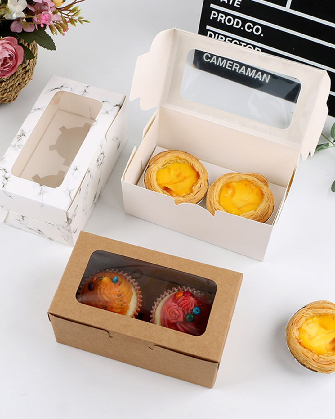 Caja de papel cartulina kraft para cupcake con ventanilla