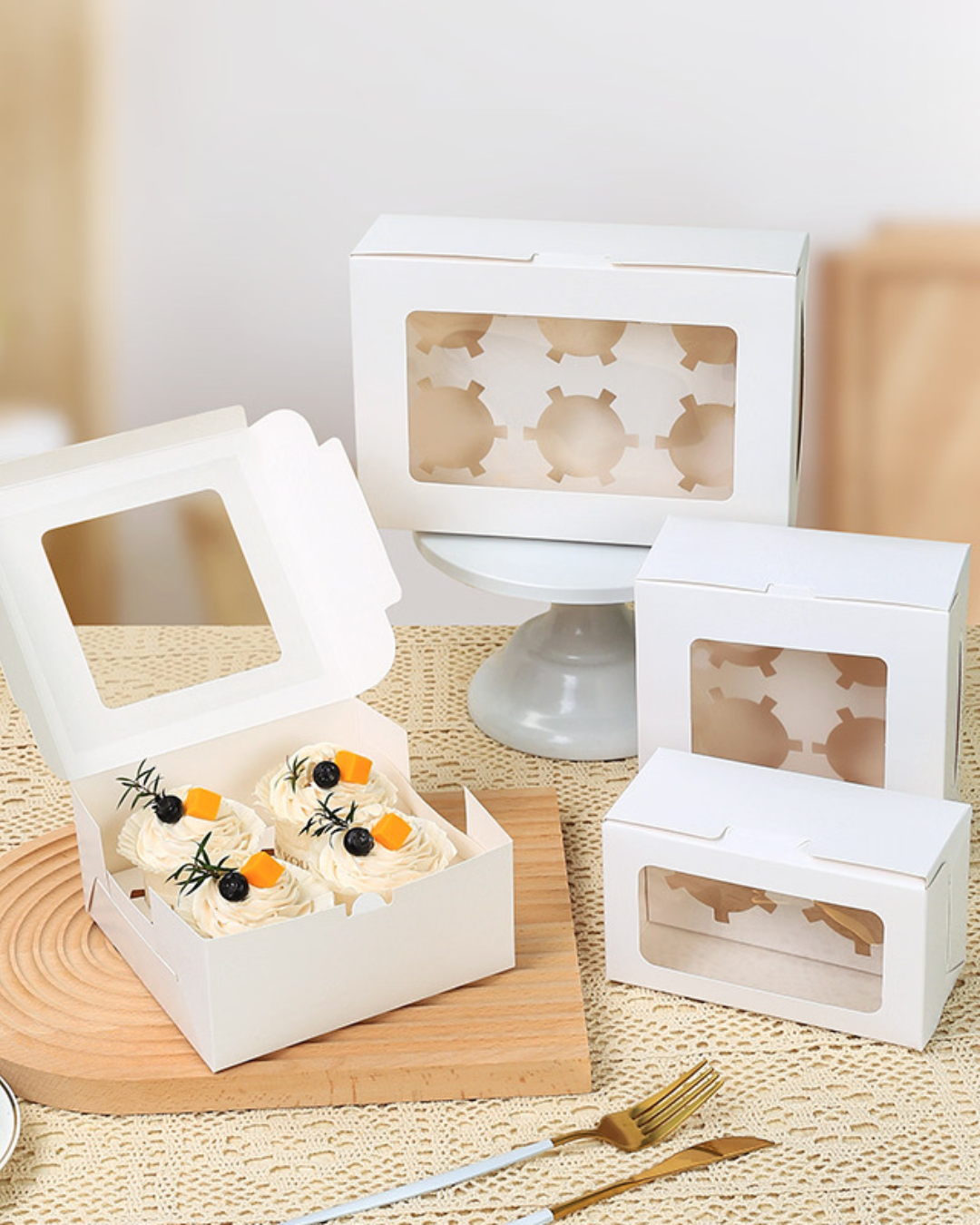 Caja de papel cartulina kraft para cupcake con ventanilla