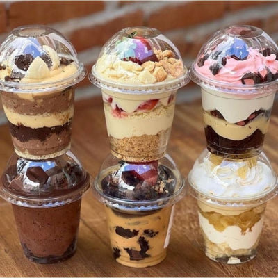 Vaso de plástico PET para postres de 12oz, 16oz y 24oz y Tapas de 96mm