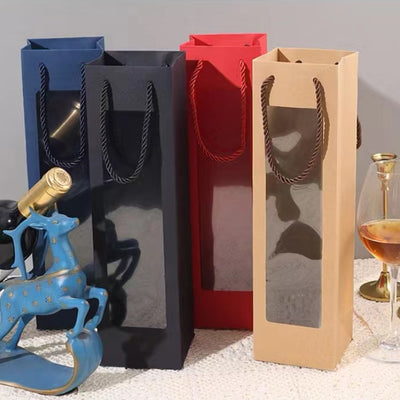Bolsa elegante para vino con ventana y asa de cordón