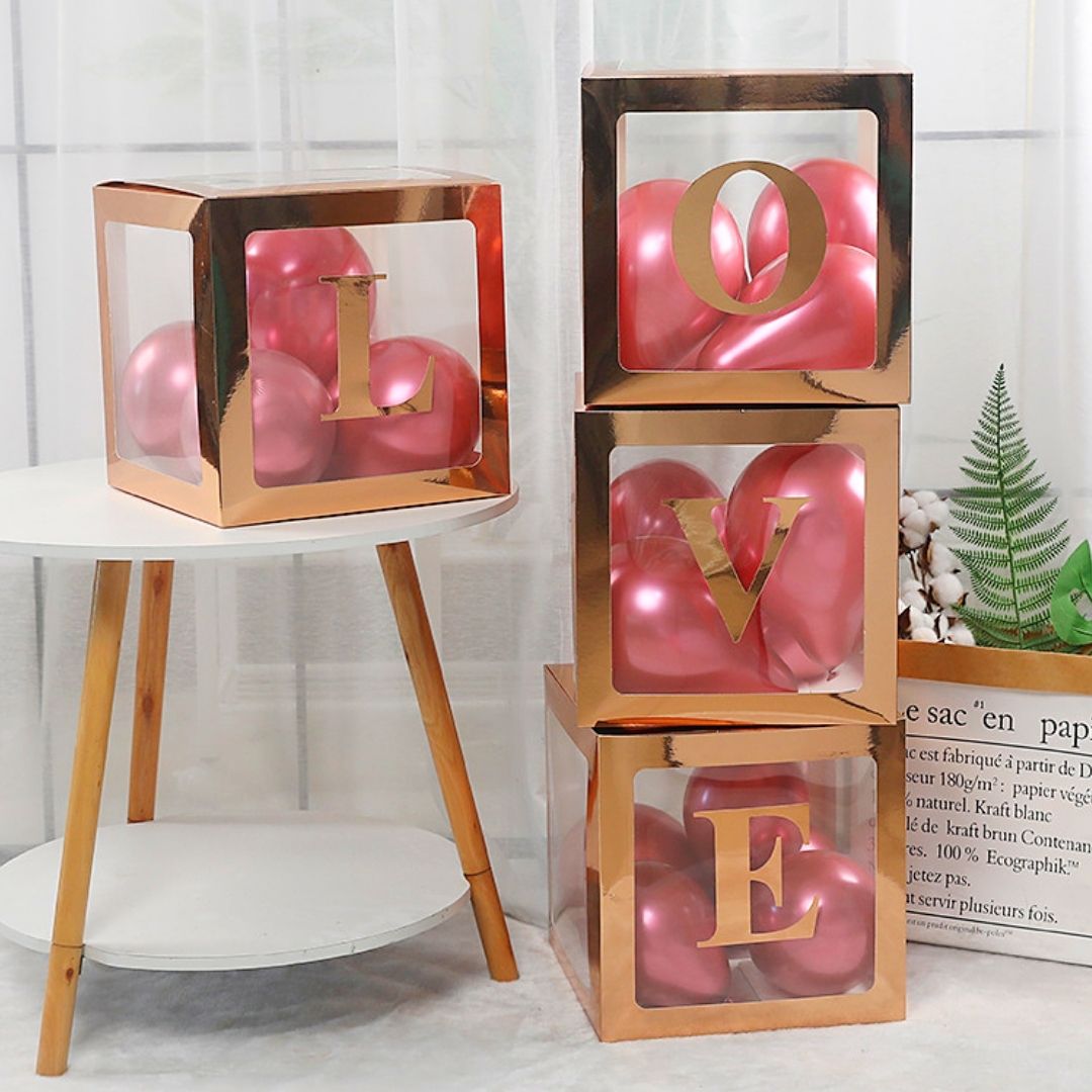 Kit de 4 cajas cuadradas decorativas con ventana transparente y letras plegables