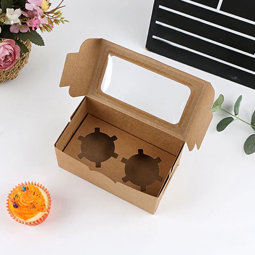 Caja de papel cartulina kraft para cupcake con ventanilla