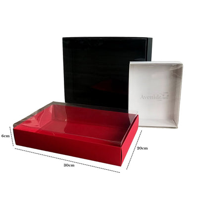 Cajas rectangular con tapa transparente en color negro, rojo, blanco o dorado