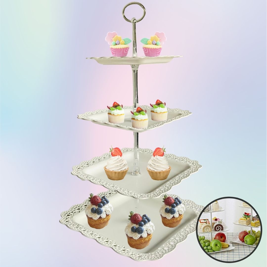 Soporte Plástico para dulces y cupcake de 4 pisos color blanco