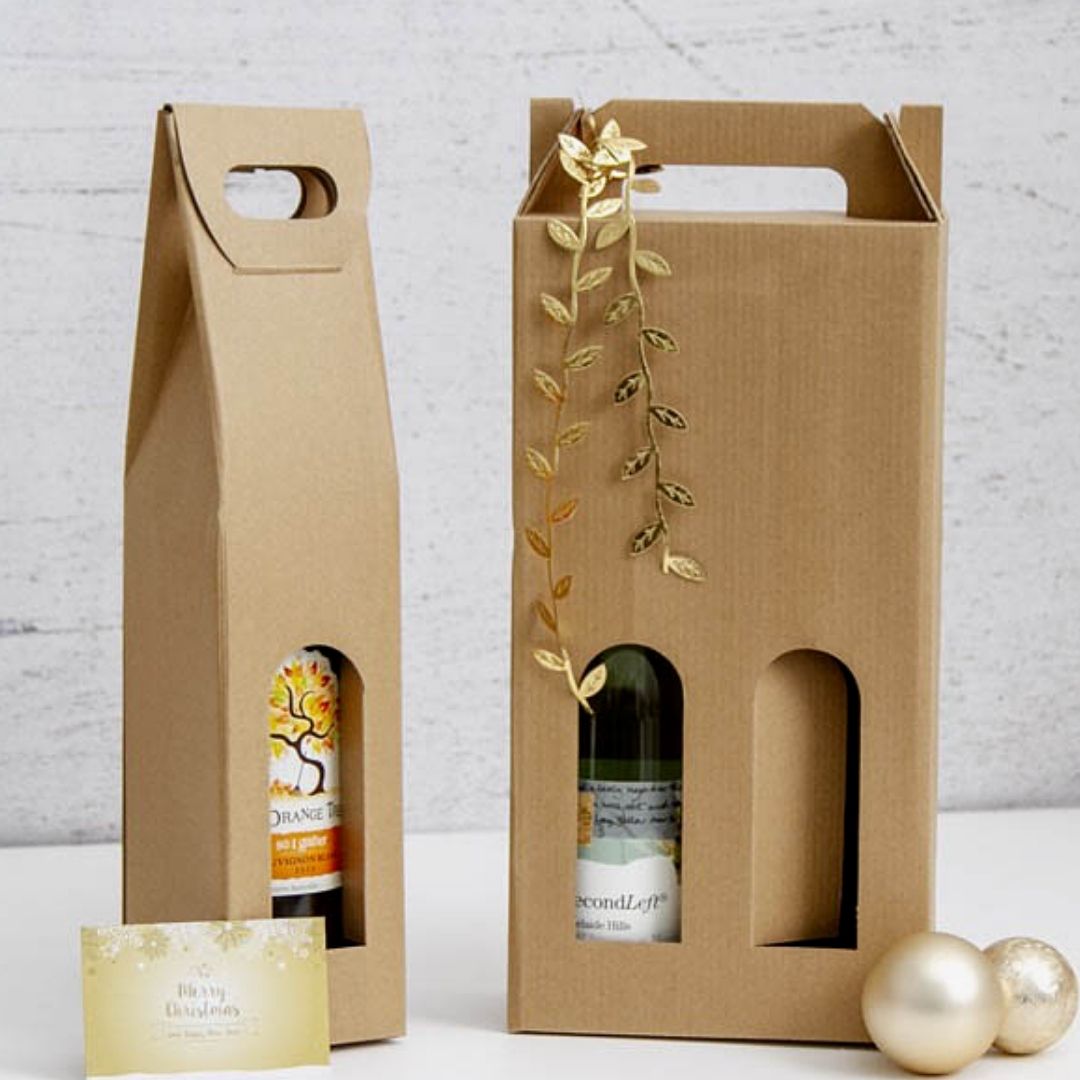 Caja kraft corrugado con asa para botellas de vino