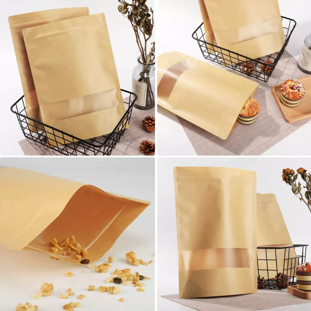 Bolsas Stand Up Pouch Kraft resellables con cierre de cremallera y ventanilla para empaque