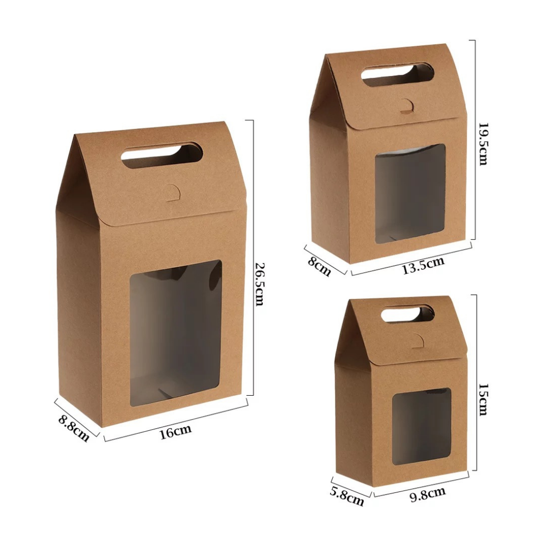 Caja estilo lonchera de papel kraft con ventanilla y asa